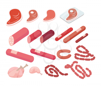 Set of meat products on white in vector. Different types of meat in cartoon style. Doodle sketches of sausages, wurst, ham and bacon. Butcher shop concept. Cow and pork, pig, chicken, lamb, beef.