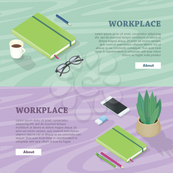 Office accessory set. Top view of desk with mobile phone, glasses, cup of coffee, plant, flash drive. Personal accessories. Flat design concept of creative office workplace. Vector illustration