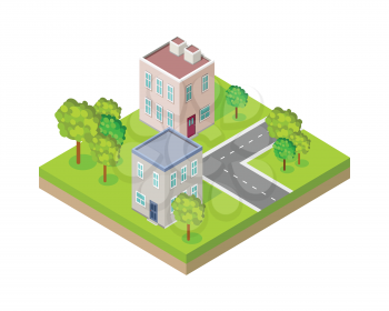City street block in isometric projection. Urban landscape fragment with road, buildings, trees, lawn, ground layer. For gaming environment, app, infographic, icon design. Isolated on white background