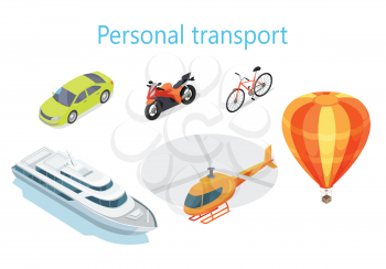 Personal transport infographic. Boat. Car. Motorcycle. Bicycle. Helicopter. Balloon. Statistics of transport usage. Shown amount of people use each type of transportation. Transport system vector