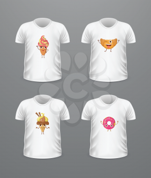 T-shirt front view with food isolated on white Realistic t-shirt vector in flat. Ice cream characters boy and girl, doughnut, croissant. Casual wear. Cotton unisex polo outfit. Fashionable apparel