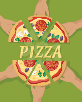 Pizza pieces in hand vector. Pizza with cheese, tomatoes, mushrooms, olives and aromatic herbs on white background. For wrapping paper, web, printing materials, restaurant menus design