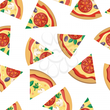 Pizza pieces vector seamless pattern. Pizza with cheese, tomatoes, mushrooms, olives and aromatic herbs on white background. For wrapping paper, web, printing materials, restaurant menus design