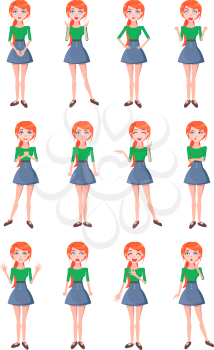 Set woman gestures and emotions happy, angry, funny, wonder, cry, mistrust, love, hate. Person facial expression on flat vector illustration style. For baby education visibility of feelings