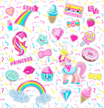 Vector cut-out illustration for little princess. Rainbow, unicorn, cakes, ice-cream, lollipop, diamant, star, cassette in magic flat style design. For girls, postcards, decorations Stickers isolated