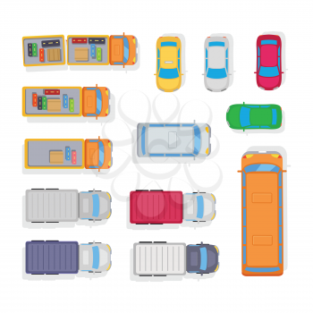 Parking space of cars, bus, baggage in trailer of lorry. Public and private transport. View from the top. For camp scheme or boy cutting-out. Vector illustration isolated in flat style design