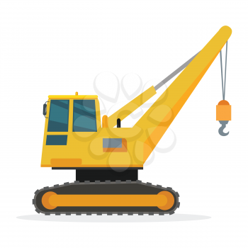 Building crane isolated on white. Caterpillar Crane vector banner. City building concept in flat design. Construction machines. Transport and moving materials, earthworks illustration for advertise.