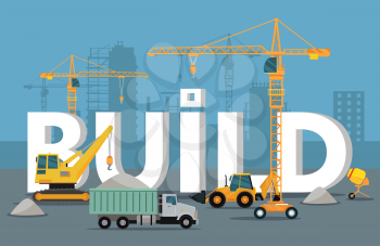 Build banner concept in flat style. Modern building process. Pouring concrete. Construction of residential houses banners set. Big building area. Icons of construction machinery. Vector illustration