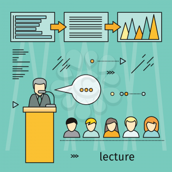 Business lecture banner. Business education, workshop, training skill, develop ability, staff training, people teamwork, personal development growth, training course concept. Vector line art