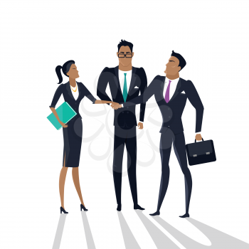 Teamwork vector concept. Flat design. Gender equality in business. Men and woman business partners holding hands. Relations of partnership. Illustration for start-up, company ad. On white background.