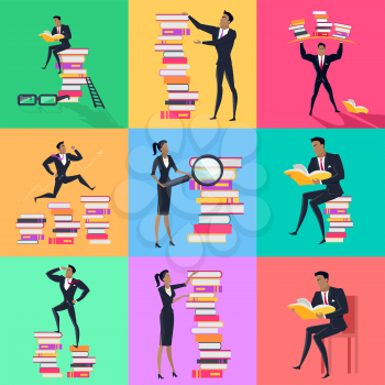 Set of reading books concept vectors. Flat design. Man and woman characters in business clothes  with stack of books. Self-education, educational level, getting knowledge, literature reading concepts.