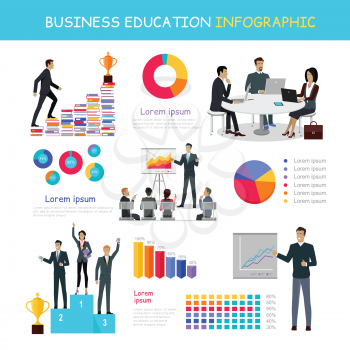 Business education infographic. Professional growth successful team master class postgraduate education banner. Presentation data and information, chart for study, winners podium. Vector illustration