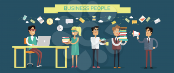 Business people concept vector in flat style. Collection of office situations and people work interactions. Working on computer, paper work, coffee break, motivation illustrations for corporate ad.