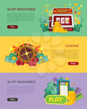Slot machines casino banners. Online casino flat illustration concept set. Design for web banners, websites, printed materials, infographics. Money, coins, credit cards, chips. Creative vector