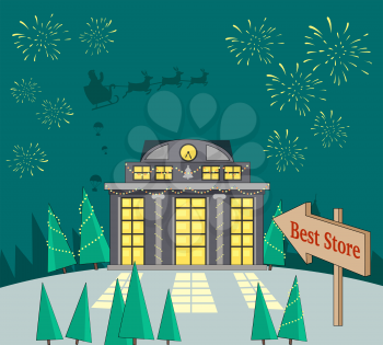 Best store. Xmas sale glowing shop. Fireworks and santa with reindeers in sky on snowy background. Magic store with lighted windows waits for consumers. Special winter holiday offer promotion. Vector