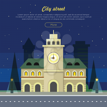 Urban city illustration at night time. Building with clock. Three storey building with windows in arc form. Tower with big clock in the center of the building. Vector illustration in flat style
