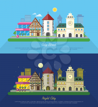 City street vector illustration at day and night. Urban city landscape web banners set. Building architecture in unusual fashionable design. Modern town. Metropolis panorama. Flat style poster