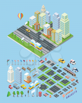 City landscape and urban objects vector illustration in isometric projection. Picture for business, architectural concepts, web, app, icons, infographics, logotype design. Isolated on blue background.