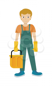 Man in uniform, rubber boots, gloves and bucket. Vector in flat design. Worker, builder, cleaner character. Illustration for profession concepts, app icons, infographics. Isolated on white background