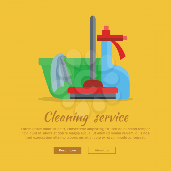 Cleaning service web banner. Basin with duster, broom and glass cleaner icon. Signs of clean in house. House washing equipment. Office and hotel cleaning. Housekeeping. Cleaning concept. Vector