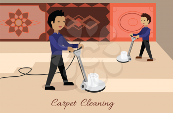 Carpet cleaning conceptual vector. Flat design. Male cleaners working with surface washing machines, carpets with ornaments on the wall. Illustration for cleaning companies and services advertising