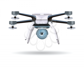 Flying drones vector illustration. Flat design. Drone with four propellers and mounted camera. Modern technology. Unmanned aerial vehicle. For store ad, spy concepts, app icons. On white background 