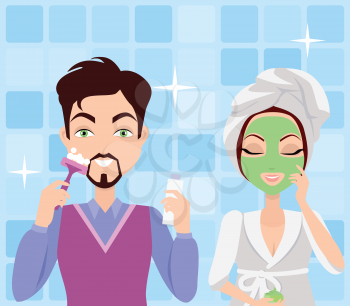 Man and woman cleaning. Making washing procedure in front of the mirror. Girl makes mask, boy shaving. People take care about their look. Part of series of ladies and gentlemen face care. Vector