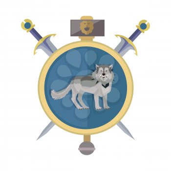 Grey wolf in gold circle. Isolated avatar icon with swords. Wolf with showing fangs. Stylized fantasy character. War concept. Part of series of game objects in flat design. Vector illustration.