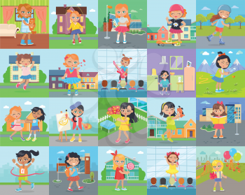 Little girl leisure or hobby vector concept set. Cute happy child reading, go school, singing, painting, playing with animal, dancing, skating, eating sweets, exploring nature, go in for sports vector
