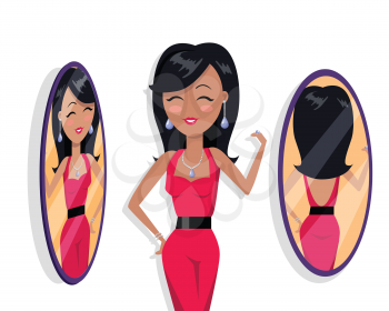 Beautiful young woman in red costume with jewelry standing in front of the mirror. Beautiful woman brunette, long hair, perfect body shape. Beauty fashion concept. Vector illustration in flat.