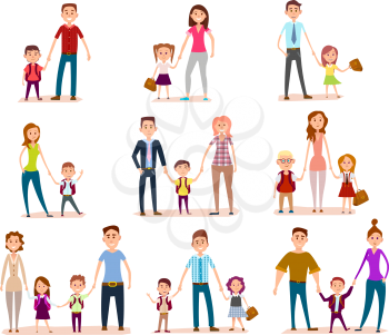 Vector set family child education concept. Mothers, fathers and schoolchildren. Pupils, bag, happy smiling faces. Happy chidhood concept. Isolated characters. School life. Generic pedagogy poster.
