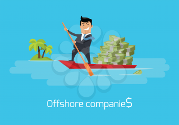 Offshore companies concept vector. Flat design. Financial crime, tax evasion, money laundering, political corruption illustration. Man in business suit, in mask sailing on boat with money to tropics.