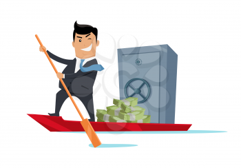 Escape with money concept vector. Flat design. Success. Financial crime, tax evasion, money laundering, political corruption illustration. Smiling man in business suit sailing away on boat with money.