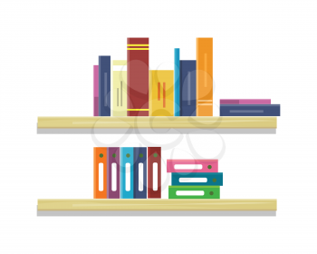 Shelves with colored books and folders in row. Colored folders with documents on shelves. Books in row. Furniture element for office and home interior. Isolated object on white background.
