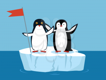 Funny emperor penguins on arctic glacier with red flag. Black penguin with white belly. Animal adorable penguin vector character. Charming penguin. Wildlife characters greeting you. Vector