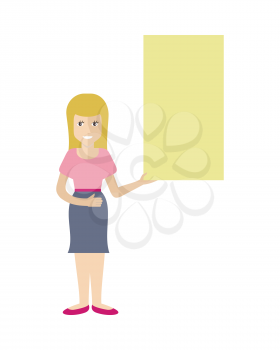 Woman with blank banner isolated on white. Girl holding empty poster with space for your text. People message. Advertising board. Flat design illustration. Add text. Lady with billboard. Vector