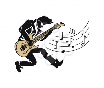Musician player, guitarist with guitar and notes vector. Professional expert playing electric instrument making sounds. Blues, rock and jazz concert