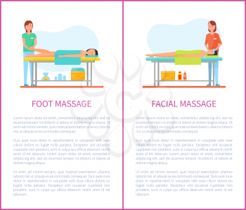 Foot and facial medical massage session cartoon vector set. Masseur in uniform and patient lying on table covered with towel, pleasant treatment theme