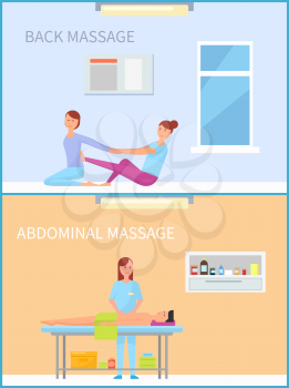 Back and abdominal massage therapy and treatment set of people working as masseuses in salon. Methods in rubbing belly, man and woman in room vector