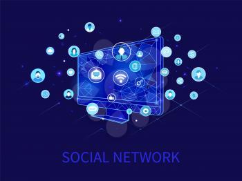 Social network poster with text and computer screen with man and woman profiles vector. Monitor with wifi sign, blog and message in envelope icon
