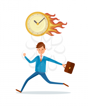 Deadline in office, burning clock and hurrying up male character with briefcase. Businessman running in stress, time management, last minute, watch in fire