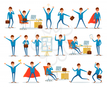 Man busy with work, businessman characters at work vector. Superhero and director talking on phone. Presenter on meeting, employer with plan in office