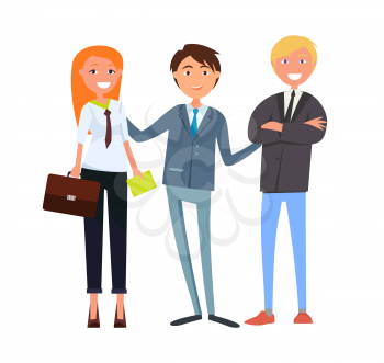 Man boss presenting businesswoman and businessman vector. Male and female working in business field, wearing formal costumes. Cooperation and success
