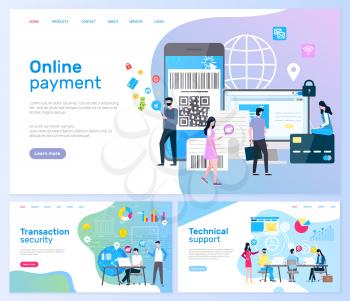 Online payment and transaction security web pages with text sample vector. Smartphone with barcode and shopping , people with globe. Bank institution