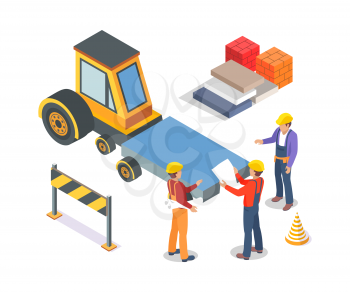 Construction industrial machinery and workers with plans vector. Road plastic cone, wooden board stop sign. People working with industrial materials