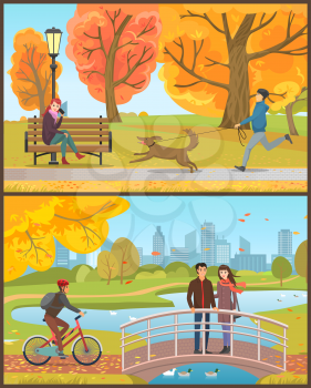 Autumn park, man running with dog near woman talking by phone on bench. Guy in helmet riding bicycle, couple on bridge over pond vector illustrations.