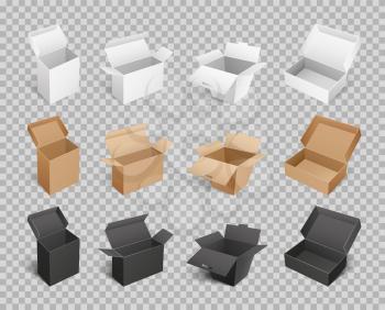 Boxes and packages made of paper and carton on transparent. Mockup of cardboards, delivery packs in realistic design. Containers templates vector
