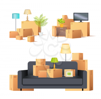 Move in new apartment carton boxes isolated set vector. Furniture sofa with pictures and lamps, tv screen monitor containers with personal belonging