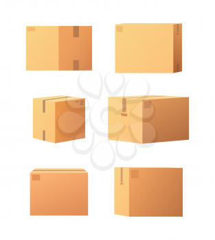 Carton packages with adhesive type set of isolated icons vector. Containers made of cardboard, packaging square objects for storage and items keeping