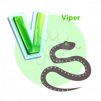 Viper spitting cartoon character representing V english consonant for children alphabet. Vector winding snake isolated to learn and memorize rudiments